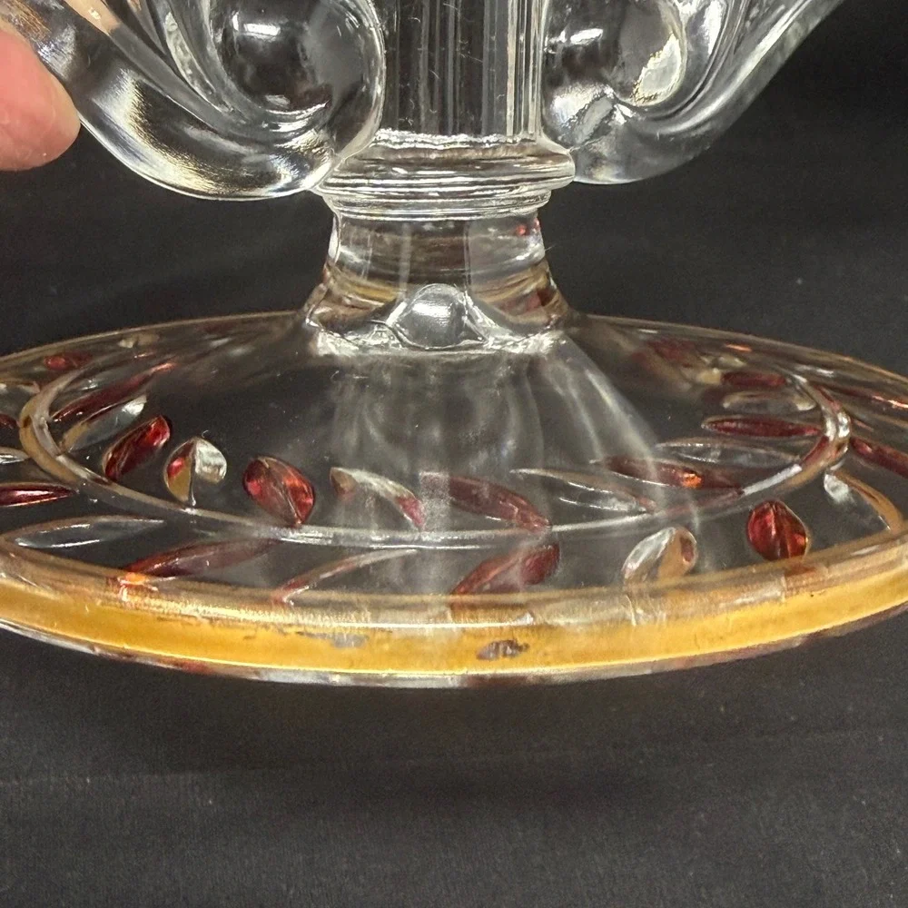Indiana Glass Laurel‎ Double Arm Candle Holder Set 2 Gold Red Trim Accent 40s